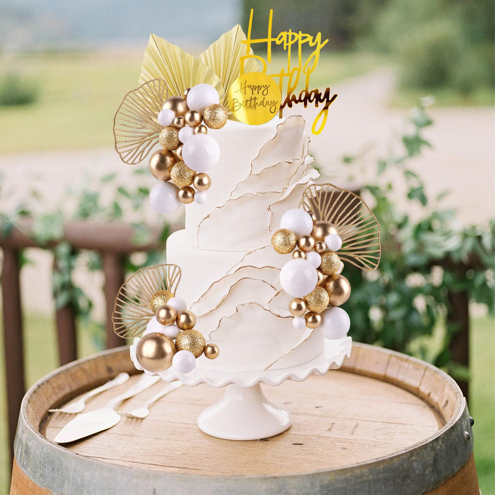MEMOVAN White Gold Ball Cake Toppers with Palm Leaves - Boho Birthday Party Decorations