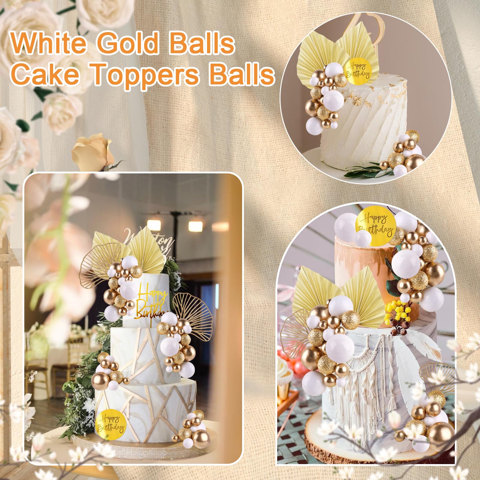 MEMOVAN White Gold Ball Cake Toppers with Palm Leaves - Boho Birthday Party Decorations