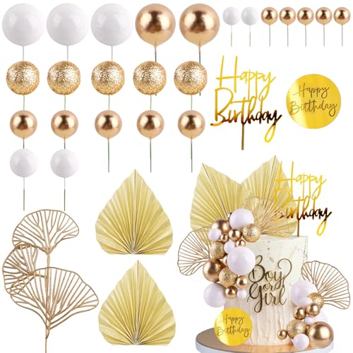 MEMOVAN White Gold Ball Cake Toppers with Palm Leaves - Boho Birthday Party Decorations