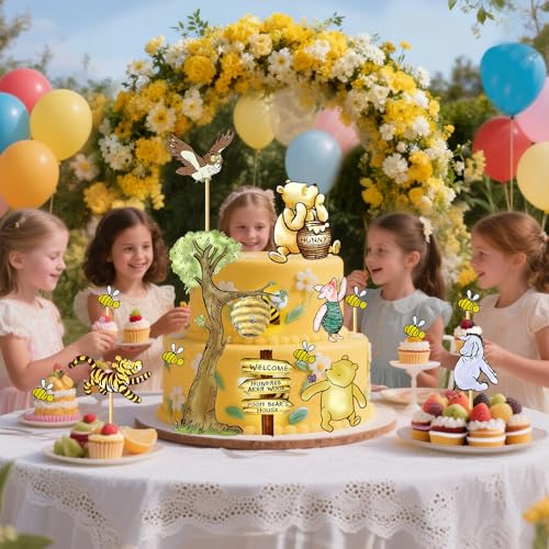 MEMOVAN Winnie Bear Cake Topper Set – 10 Cards + 12 Bamboo Sticks for Baby Shower & Birthday Parties