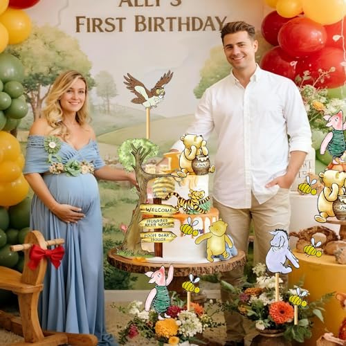 MEMOVAN Winnie Bear Cake Topper Set – 10 Cards + 12 Bamboo Sticks for Baby Shower & Birthday Parties