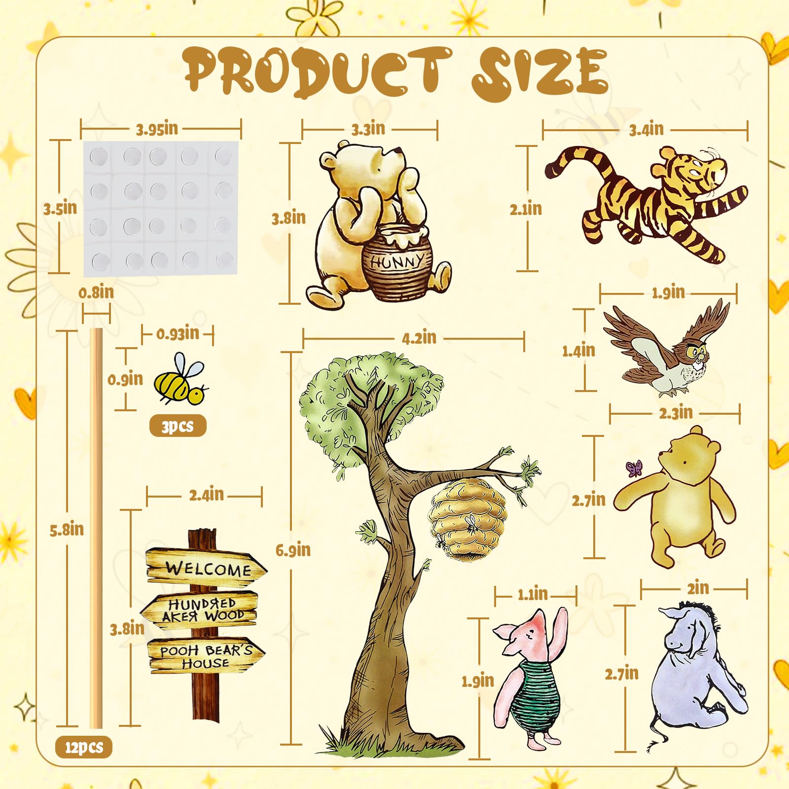 MEMOVAN Winnie Bear Cake Topper Set – 10 Cards + 12 Bamboo Sticks for Baby Shower & Birthday Parties