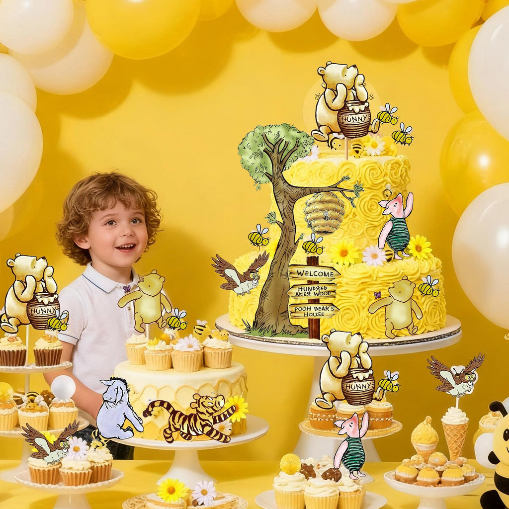 MEMOVAN Winnie Bear Cake Topper Set – 10 Cards + 12 Bamboo Sticks for Baby Shower & Birthday Parties