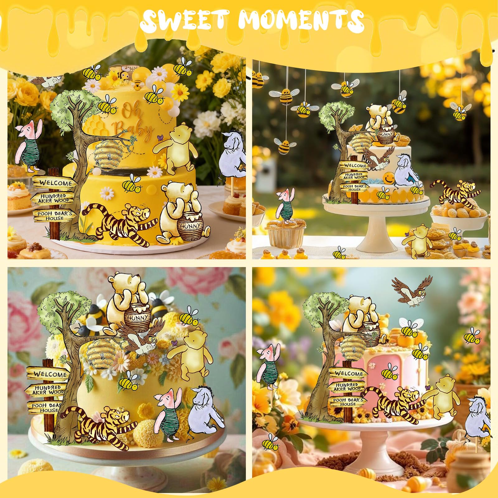 MEMOVAN Winnie Bear Cake Topper Set – 10 Cards + 12 Bamboo Sticks for Baby Shower & Birthday Parties