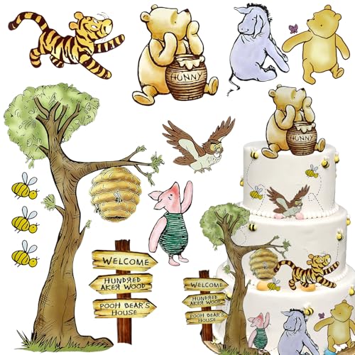 MEMOVAN Winnie Bear Cake Topper Set – 10 Cards + 12 Bamboo Sticks for Baby Shower & Birthday Parties