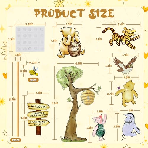 MEMOVAN Winnie Bear Cake Topper Set – 10 Cards + 12 Bamboo Sticks for Baby Shower & Birthday Parties
