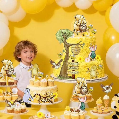 MEMOVAN Winnie Bear Cake Topper Set – 10 Cards + 12 Bamboo Sticks for Baby Shower & Birthday Parties