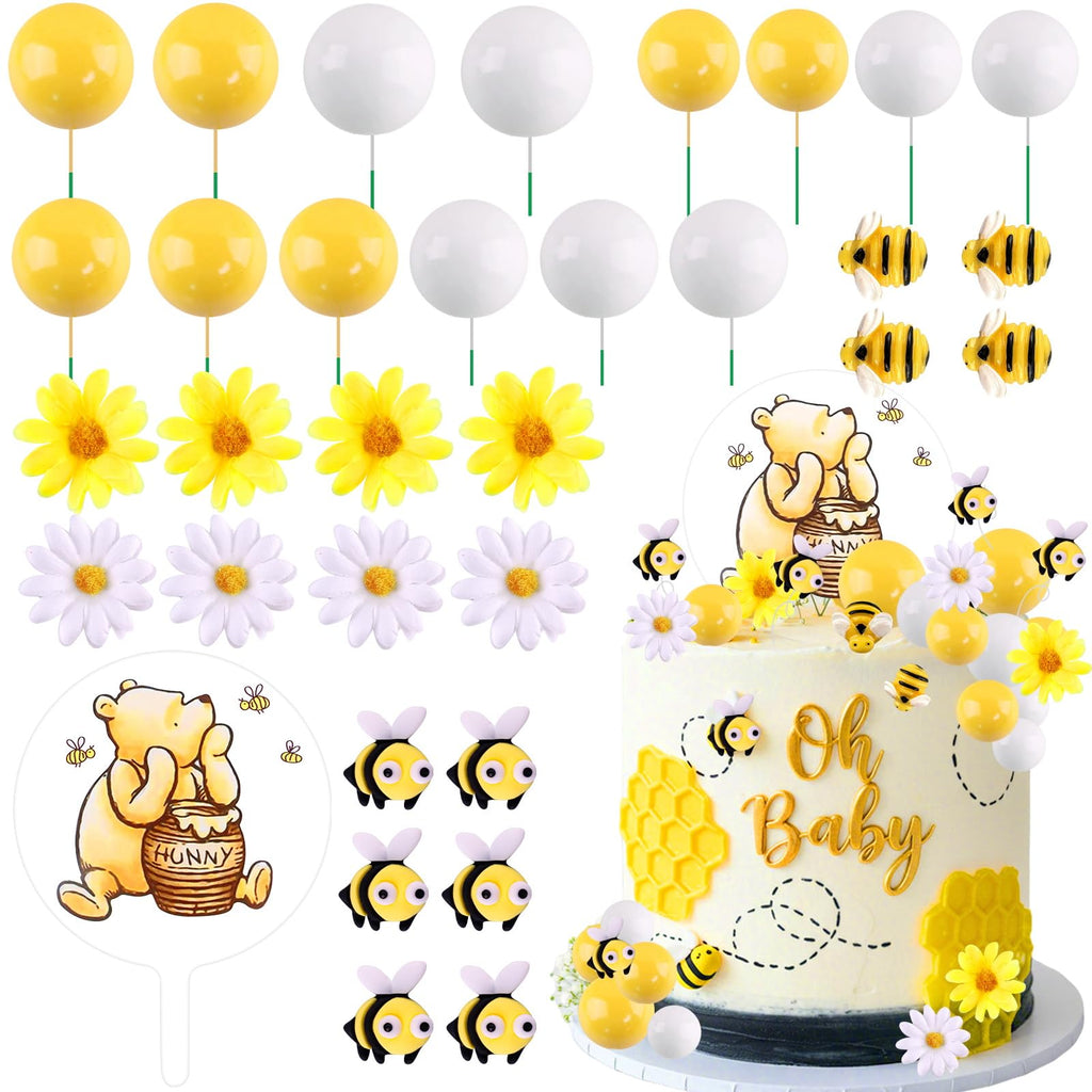 MEMOVAN Winnie the Pooh Cake Topper Set – 33 Pieces with Acrylic Sign, Bees, Daisies, and Balls for Baby Shower & Birthday
