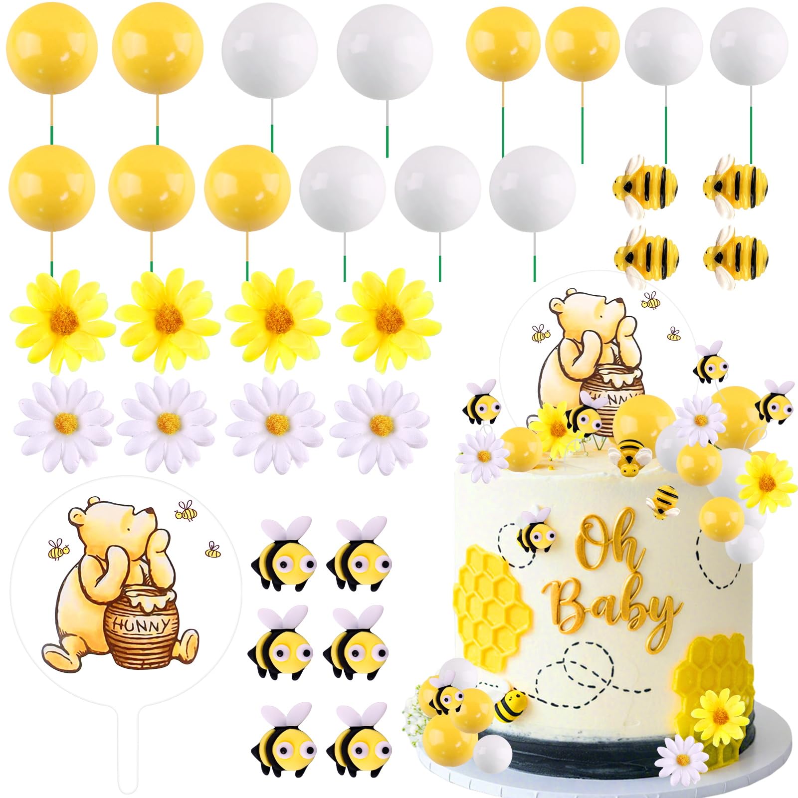 MEMOVAN Winnie the Pooh Cake Topper Set – 33 Pieces with Acrylic Sign, Bees, Daisies, and Balls for Baby Shower & Birthday