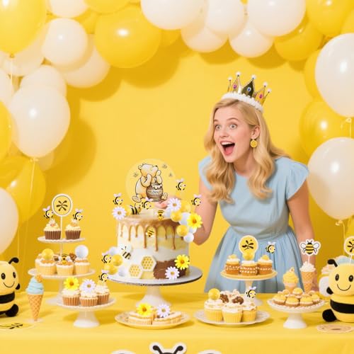 MEMOVAN Winnie the Pooh Cake Topper Set – 33 Pieces with Acrylic Sign, Bees, Daisies, and Balls for Baby Shower & Birthday