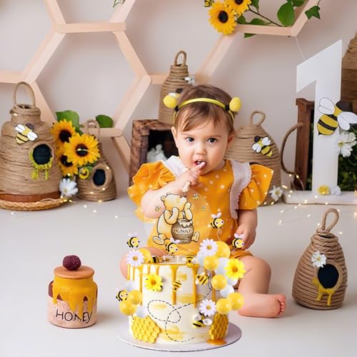 MEMOVAN Winnie the Pooh Cake Topper Set – 33 Pieces with Acrylic Sign, Bees, Daisies, and Balls for Baby Shower & Birthday