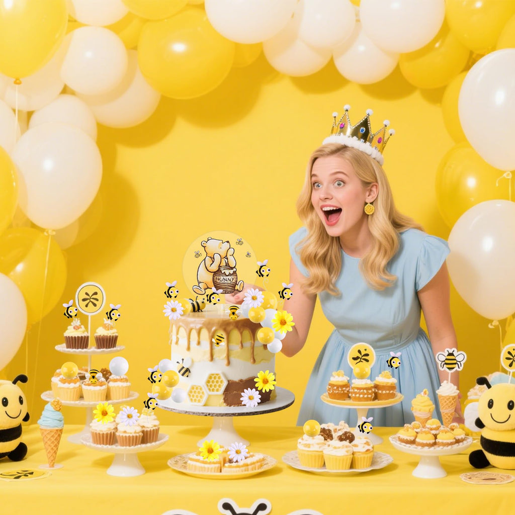 MEMOVAN Winnie the Pooh Cake Topper Set – 33 Pieces with Acrylic Sign, Bees, Daisies, and Balls for Baby Shower & Birthday