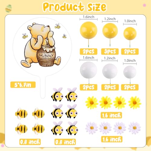 MEMOVAN Winnie the Pooh Cake Topper Set – 33 Pieces with Acrylic Sign, Bees, Daisies, and Balls for Baby Shower & Birthday