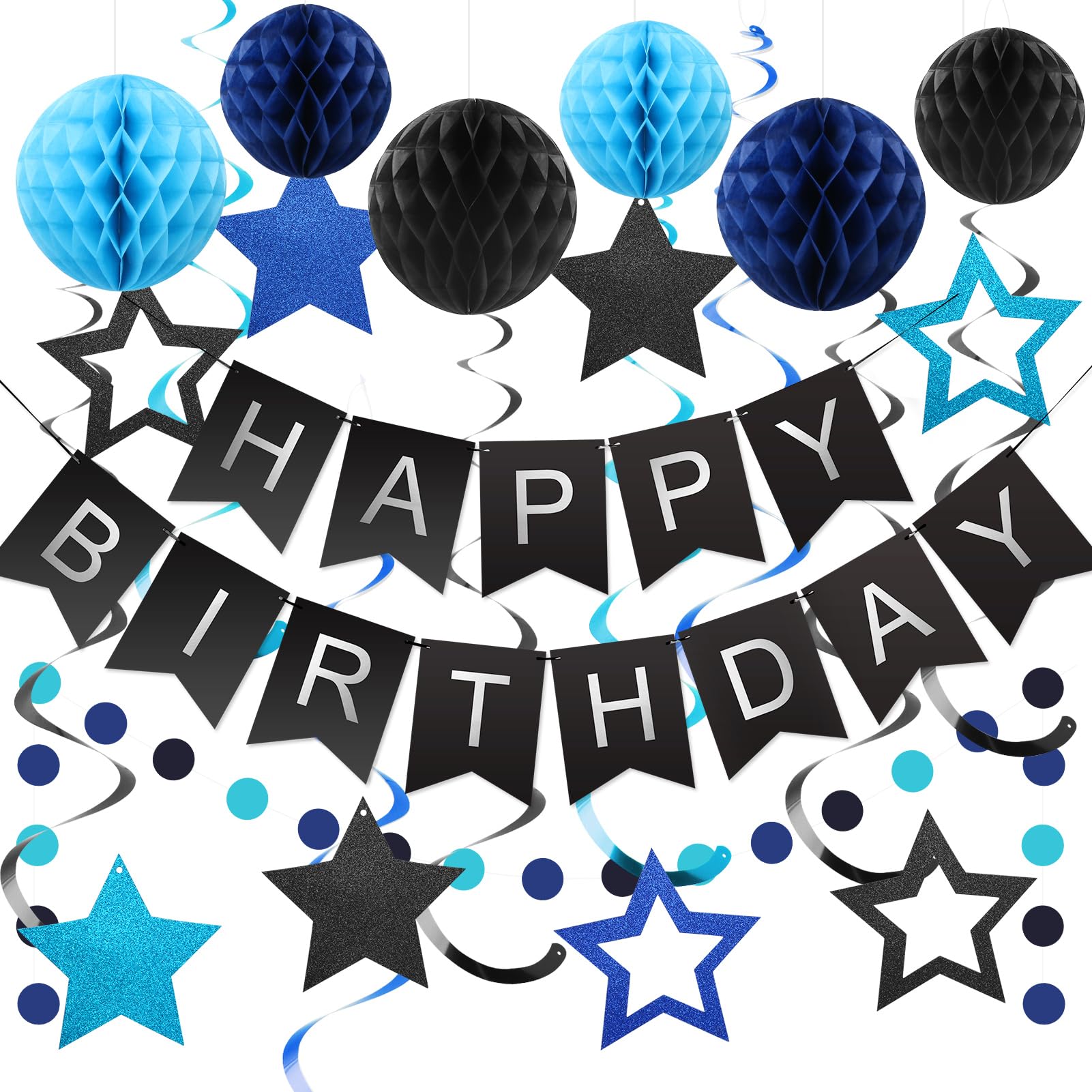 meowtastic Black & Blue Birthday Party Decorations Kit: Banner, Honeycomb Balls, Stars Streamers, Circle Garland