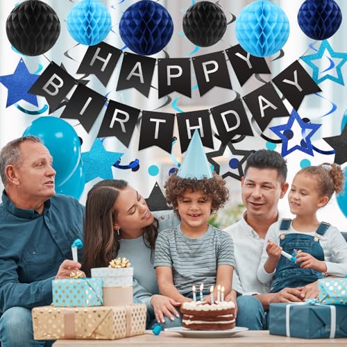 meowtastic Black & Blue Birthday Party Decorations Kit: Banner, Honeycomb Balls, Stars Streamers, Circle Garland