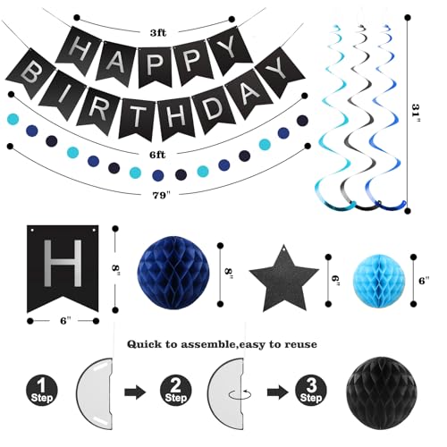 meowtastic Black & Blue Birthday Party Decorations Kit: Banner, Honeycomb Balls, Stars Streamers, Circle Garland