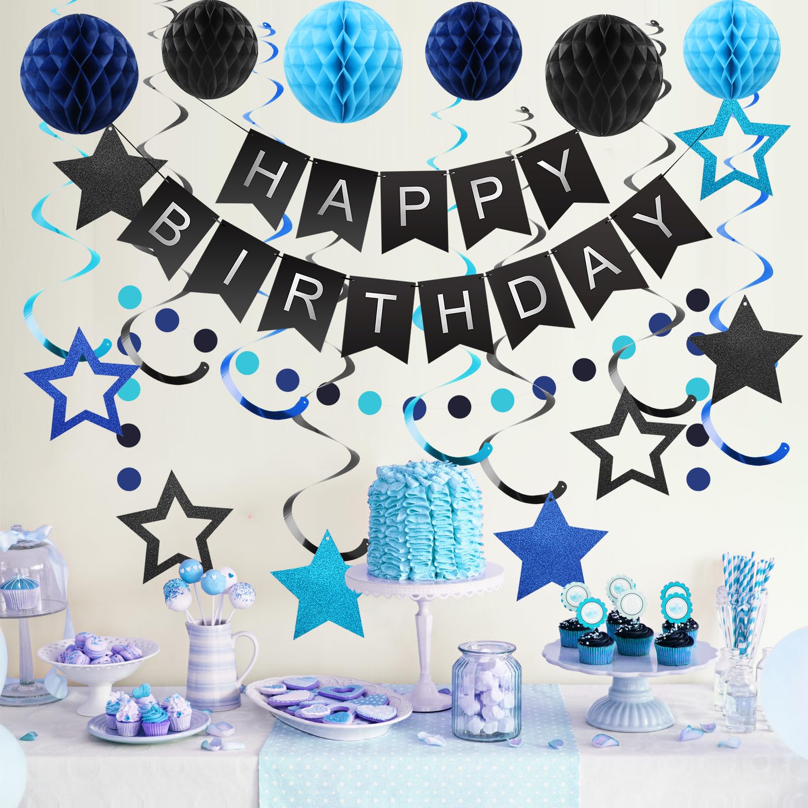 meowtastic Black & Blue Birthday Party Decorations Kit: Banner, Honeycomb Balls, Stars Streamers, Circle Garland