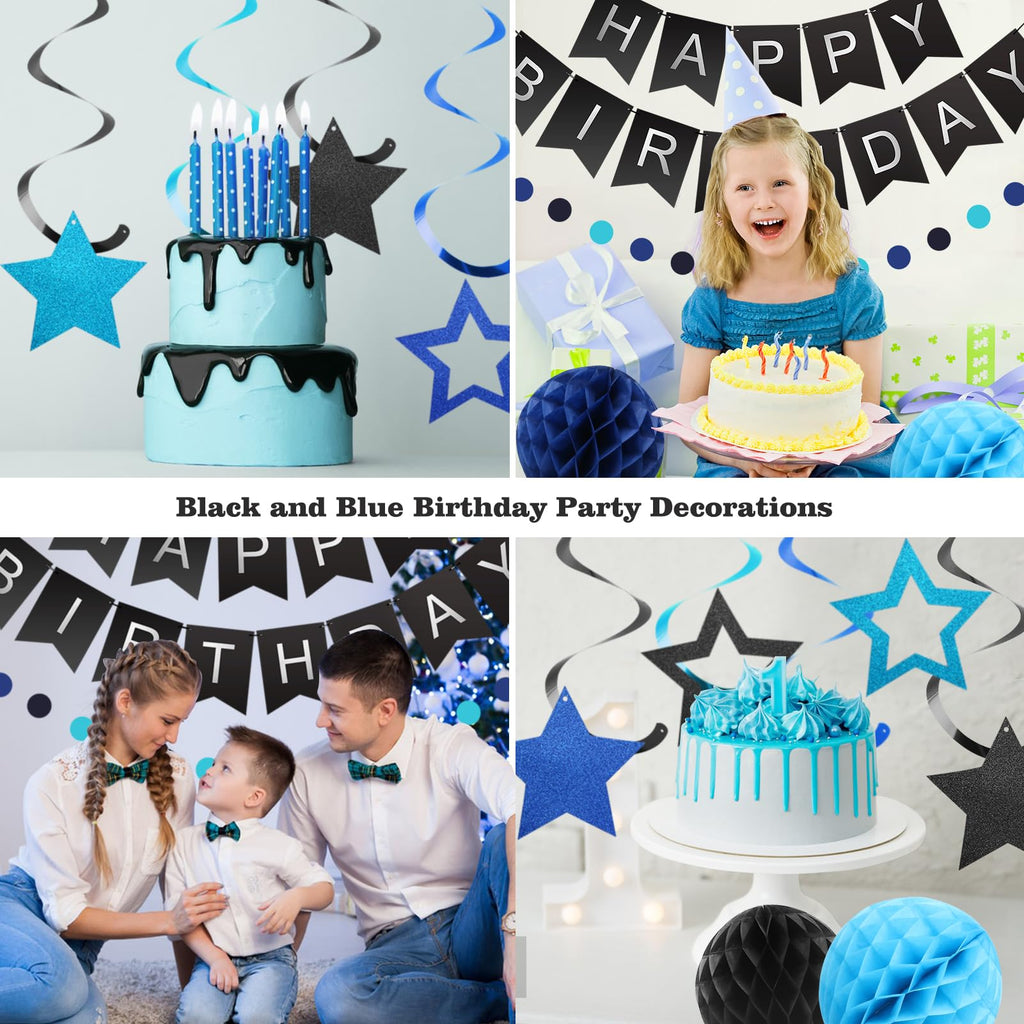 meowtastic Black & Blue Birthday Party Decorations Kit: Banner, Honeycomb Balls, Stars Streamers, Circle Garland