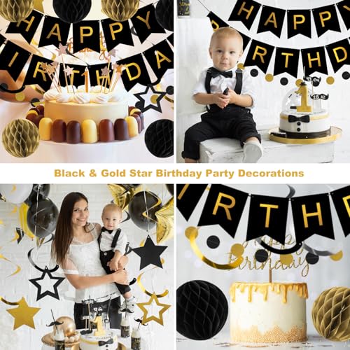 Meowtastic Black & Gold Birthday Decorations Set - 16 Piece Party Kit with Banner, Honeycomb Balls, Streamers & Garland
