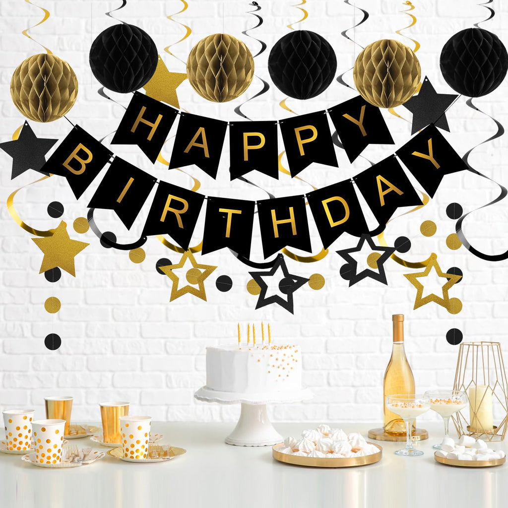 Meowtastic Black & Gold Birthday Decorations Set - 16 Piece Party Kit with Banner, Honeycomb Balls, Streamers & Garland