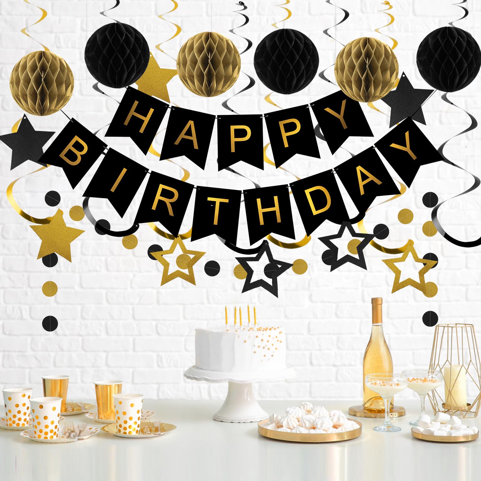 Meowtastic Black & Gold Birthday Decorations Set - 16 Piece Party Kit with Banner, Honeycomb Balls, Streamers & Garland