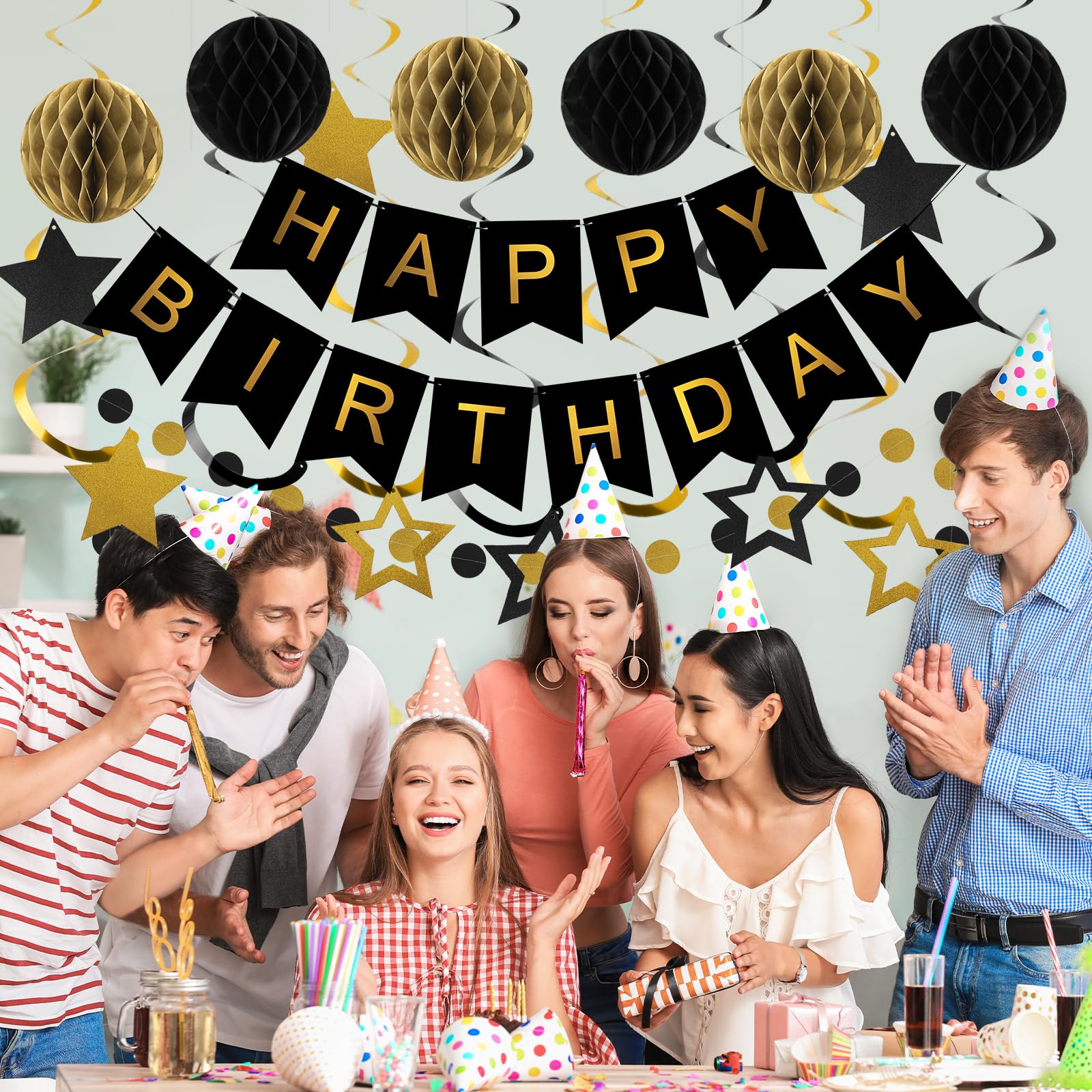Meowtastic Black & Gold Birthday Decorations Set - 16 Piece Party Kit with Banner, Honeycomb Balls, Streamers & Garland