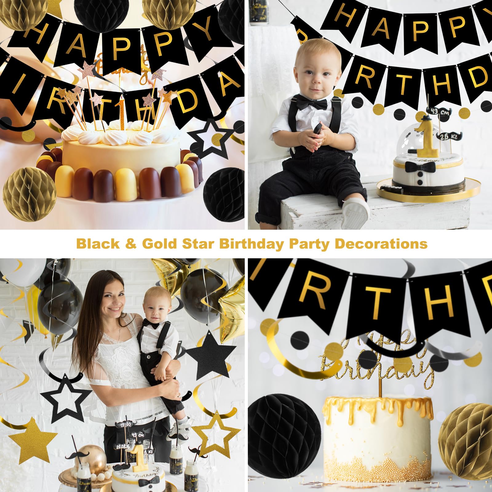 Meowtastic Black & Gold Birthday Decorations Set - 16 Piece Party Kit with Banner, Honeycomb Balls, Streamers & Garland