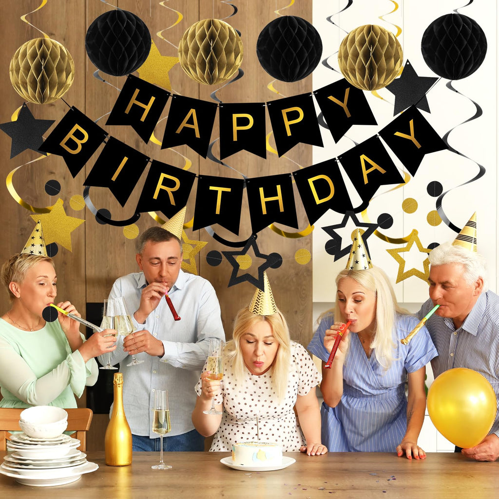 Meowtastic Black & Gold Birthday Decorations Set - 16 Piece Party Kit with Banner, Honeycomb Balls, Streamers & Garland