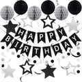 meowtastic Black & Silver Birthday Party Decoration Set – 16-Piece Includes Banner, Honeycomb Balls, Star Streamers, Circle Dot Garland