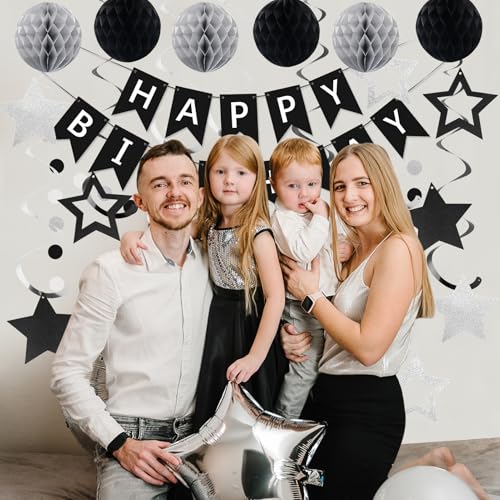 meowtastic Black & Silver Birthday Party Decoration Set – 16-Piece Includes Banner, Honeycomb Balls, Star Streamers, Circle Dot Garland