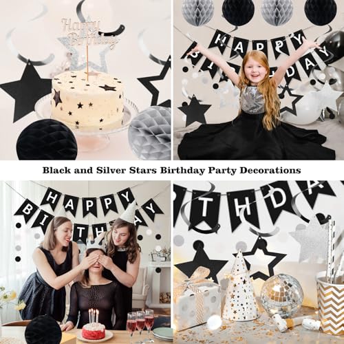 meowtastic Black & Silver Birthday Party Decoration Set – 16-Piece Includes Banner, Honeycomb Balls, Star Streamers, Circle Dot Garland