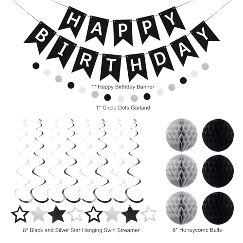 meowtastic Black & Silver Birthday Party Decoration Set – 16-Piece Includes Banner, Honeycomb Balls, Star Streamers, Circle Dot Garland
