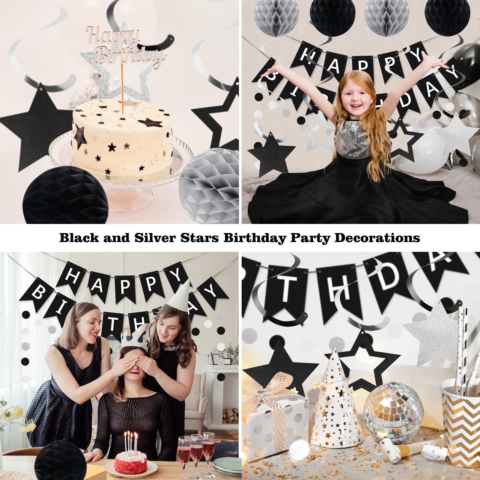 meowtastic Black & Silver Birthday Party Decoration Set – 16-Piece Includes Banner, Honeycomb Balls, Star Streamers, Circle Dot Garland