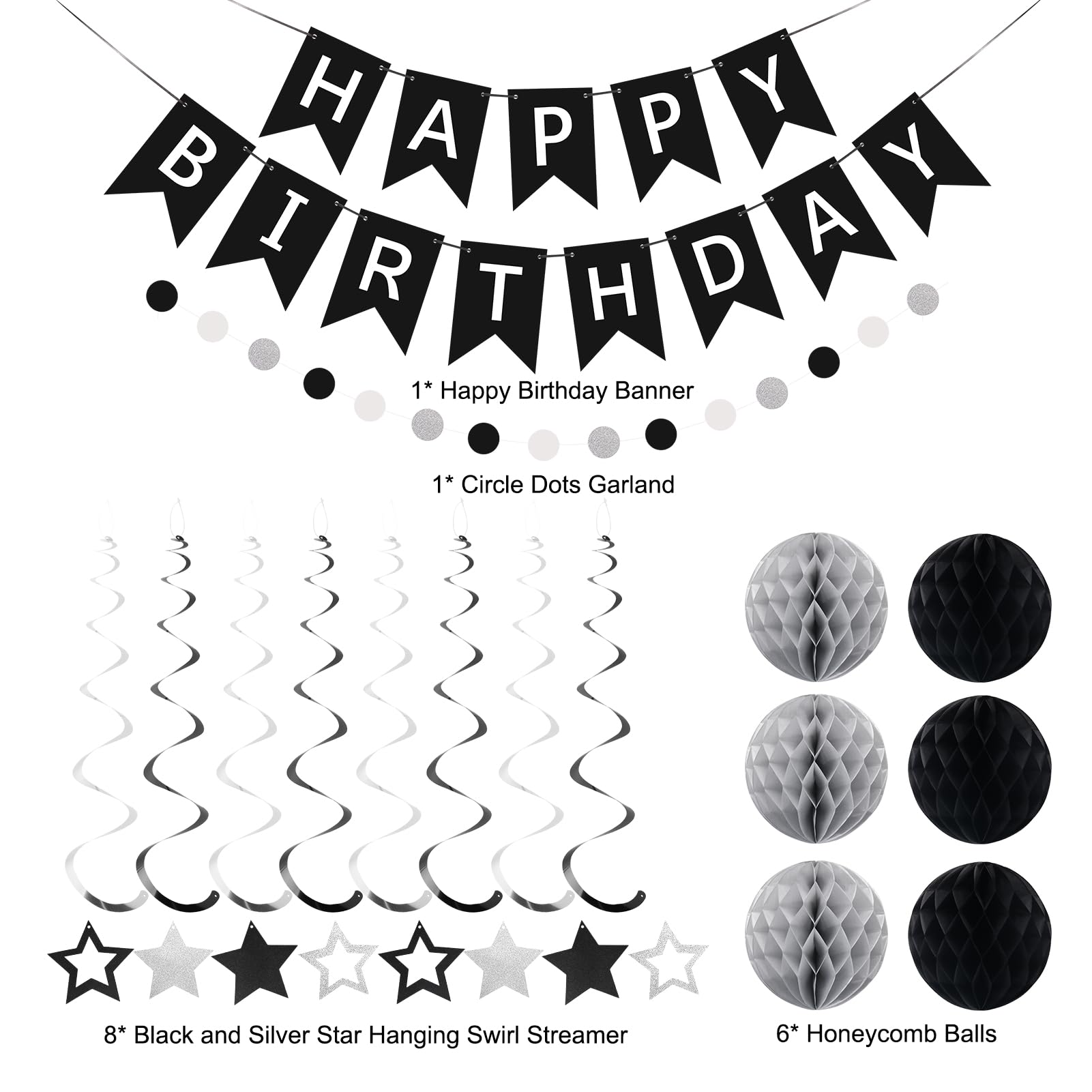 meowtastic Black & Silver Birthday Party Decoration Set – 16-Piece Includes Banner, Honeycomb Balls, Star Streamers, Circle Dot Garland