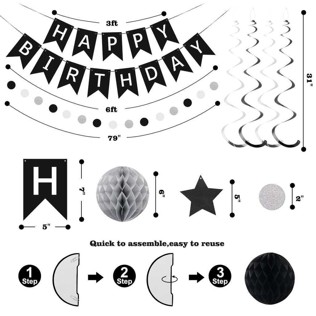 meowtastic Black & Silver Birthday Party Decoration Set – 16-Piece Includes Banner, Honeycomb Balls, Star Streamers, Circle Dot Garland