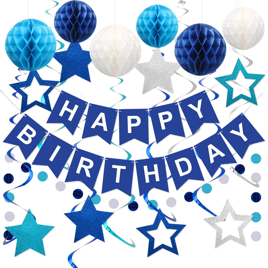 Meowtastic Blue Birthday Decorations Set – Banner, Honeycomb Balls, Stars Streamers & Circle Dots Garland