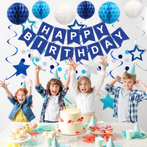 Meowtastic Blue Birthday Decorations Set – Banner, Honeycomb Balls, Stars Streamers & Circle Dots Garland