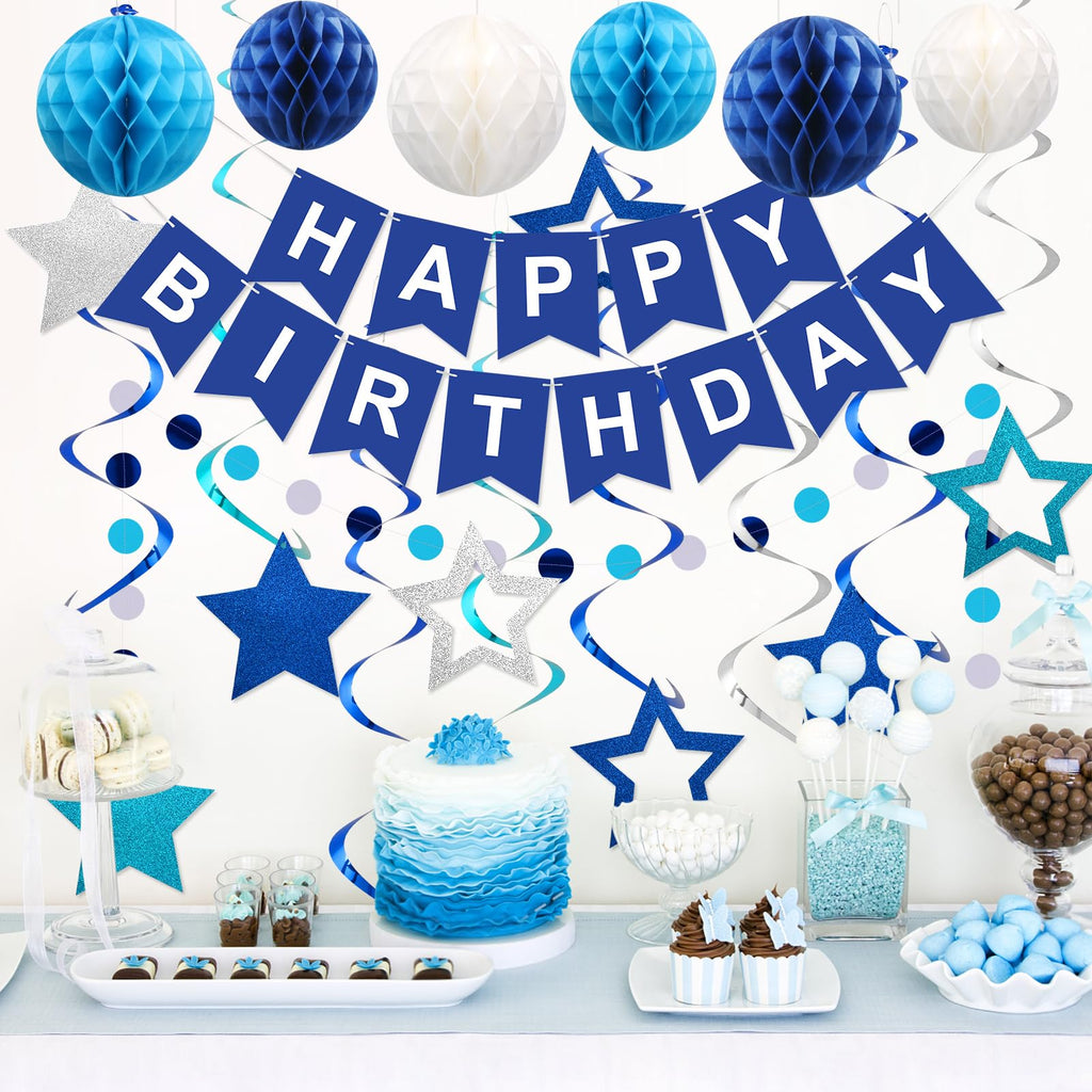 Meowtastic Blue Birthday Decorations Set – Banner, Honeycomb Balls, Stars Streamers & Circle Dots Garland