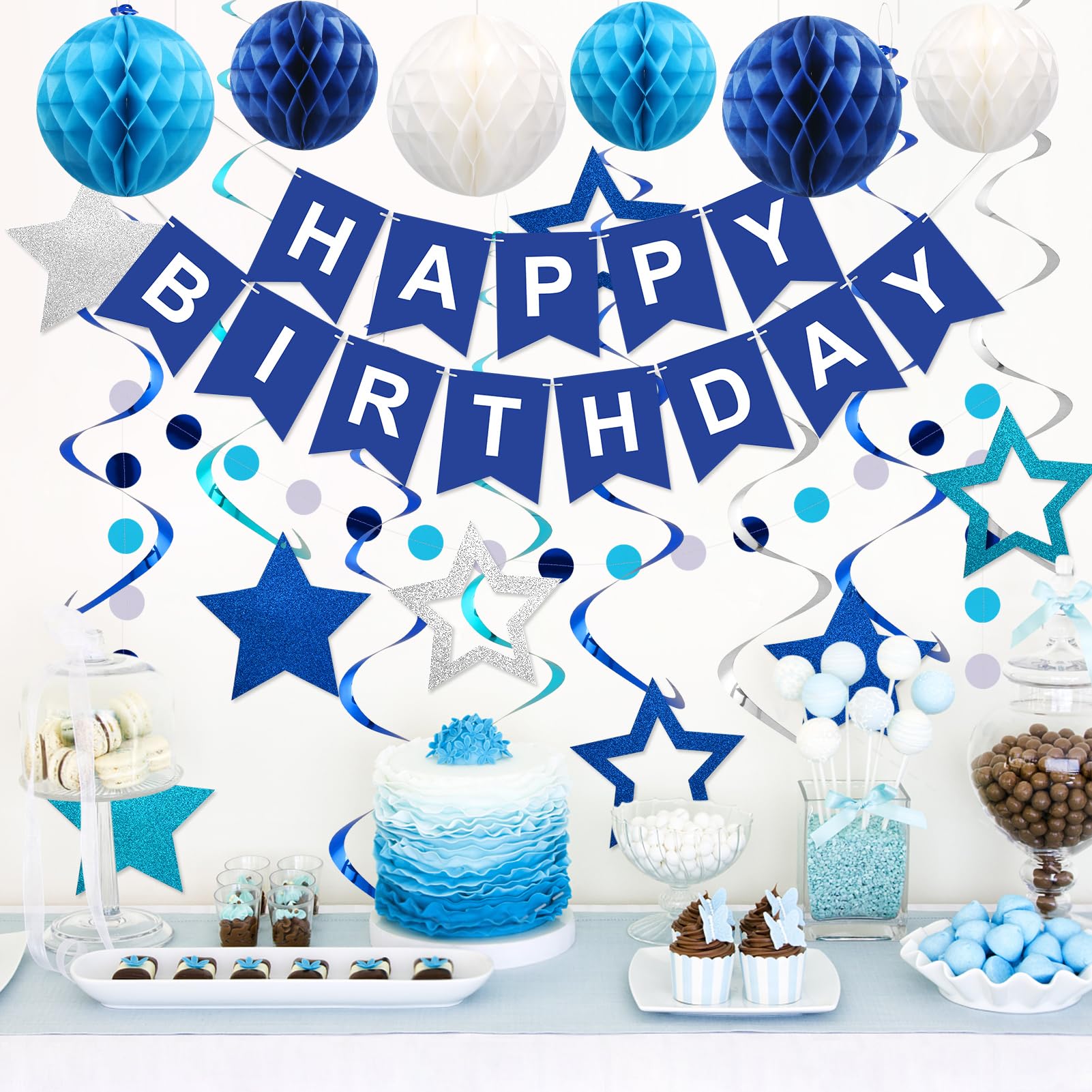 Meowtastic Blue Birthday Decorations Set – Banner, Honeycomb Balls, Stars Streamers & Circle Dots Garland