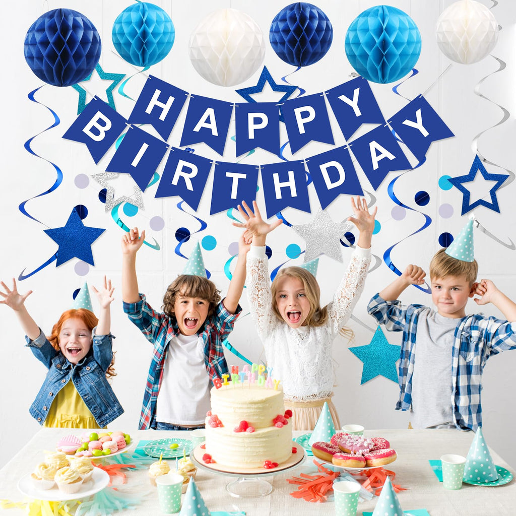 Meowtastic Blue Birthday Decorations Set – Banner, Honeycomb Balls, Stars Streamers & Circle Dots Garland