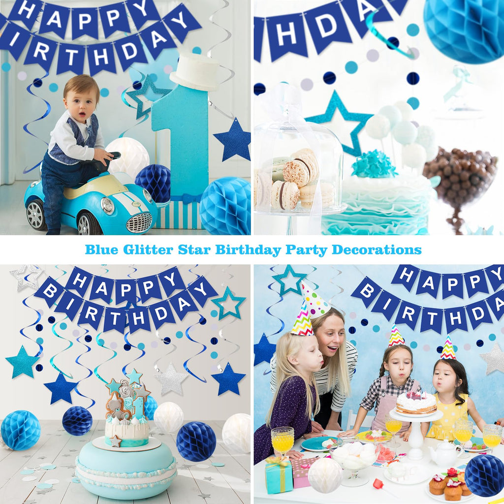 Meowtastic Blue Birthday Decorations Set – Banner, Honeycomb Balls, Stars Streamers & Circle Dots Garland