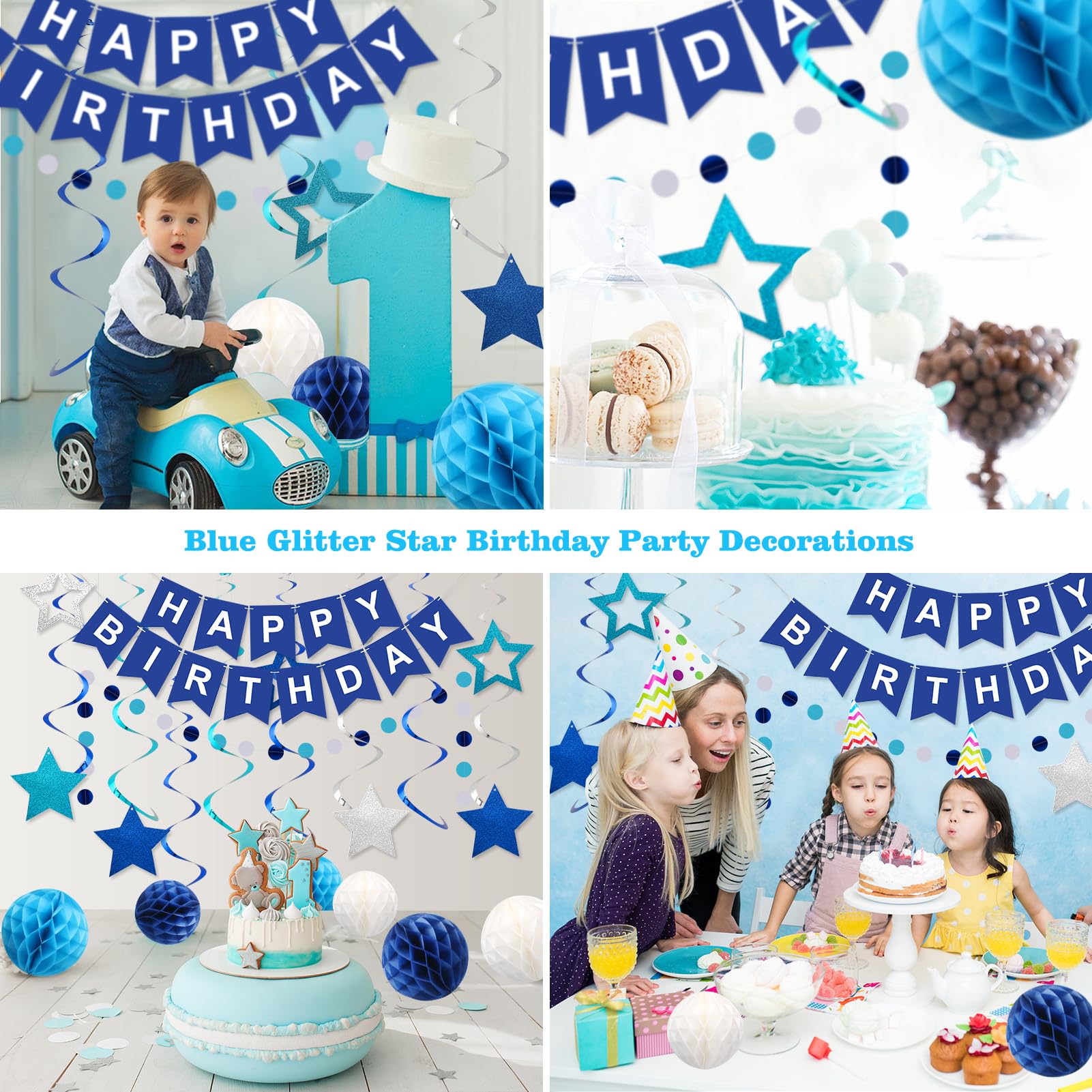 Meowtastic Blue Birthday Decorations Set – Banner, Honeycomb Balls, Stars Streamers & Circle Dots Garland