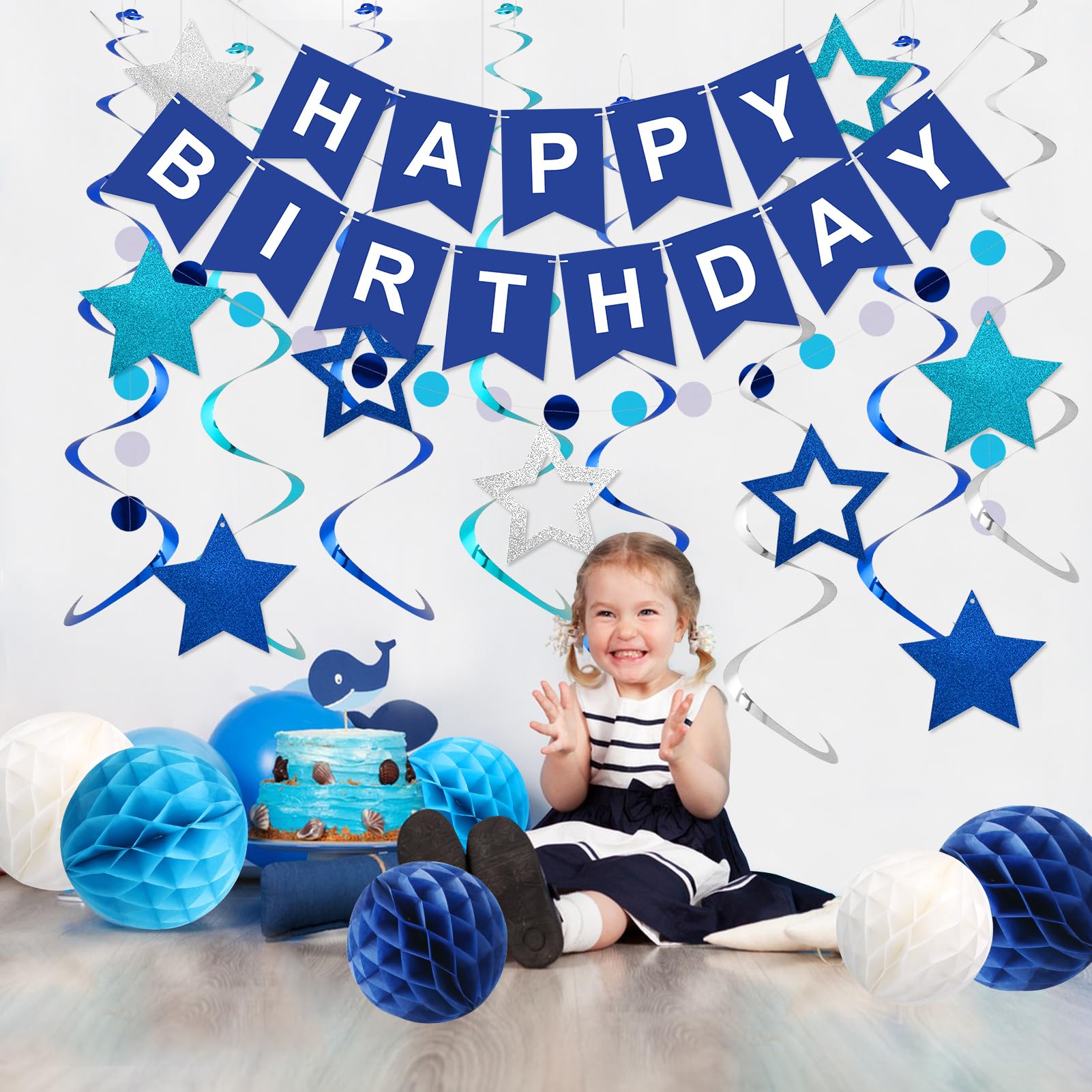 Meowtastic Blue Birthday Decorations Set – Banner, Honeycomb Balls, Stars Streamers & Circle Dots Garland