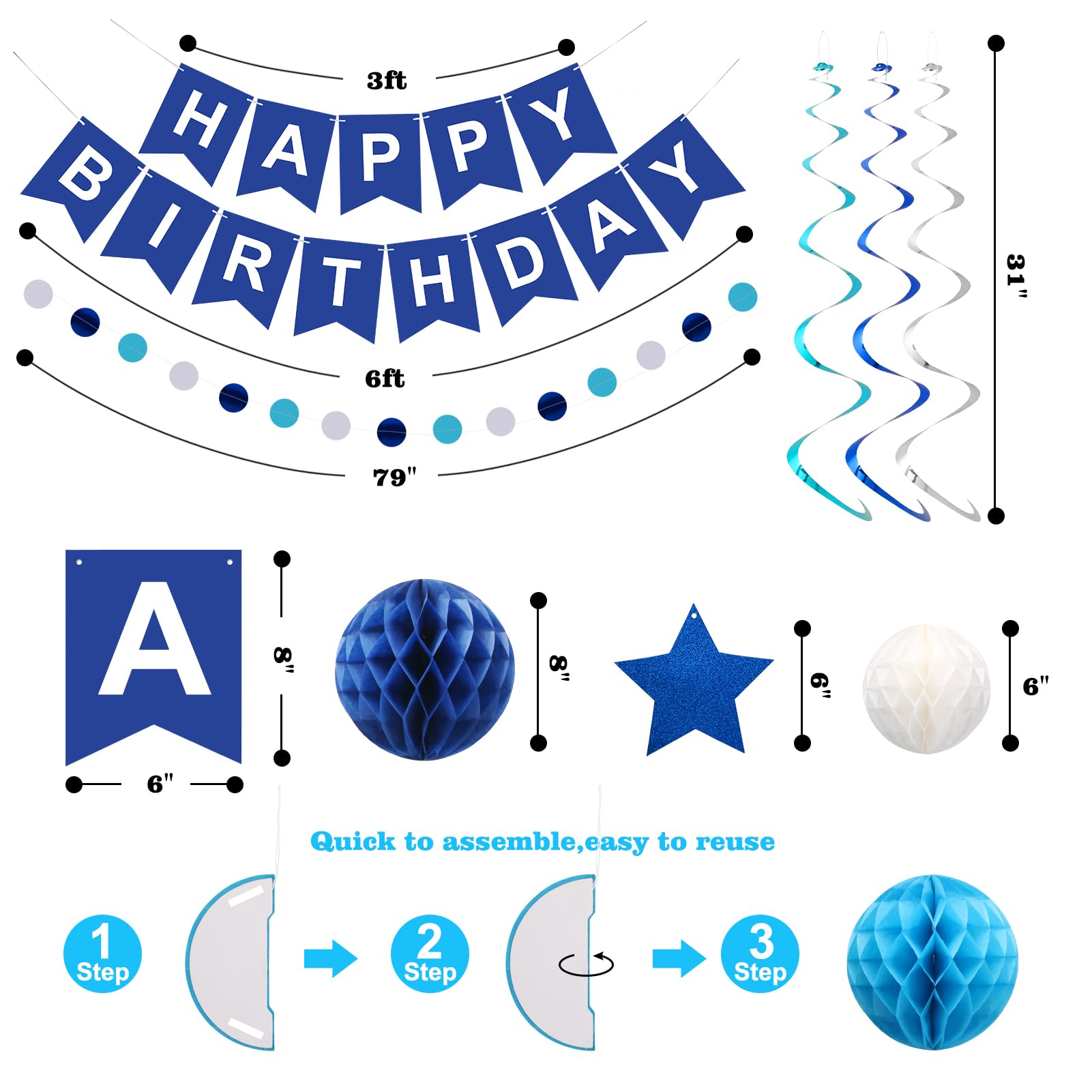 Meowtastic Blue Birthday Decorations Set – Banner, Honeycomb Balls, Stars Streamers & Circle Dots Garland