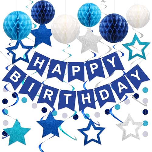 Meowtastic Blue Birthday Decorations Set – Banner, Honeycomb Balls, Stars Streamers & Circle Dots Garland