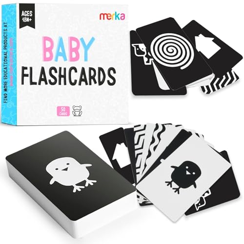 Merka High Contrast Baby Flash Cards - 50-Pack Black & White Visual Stimulation for Newborns