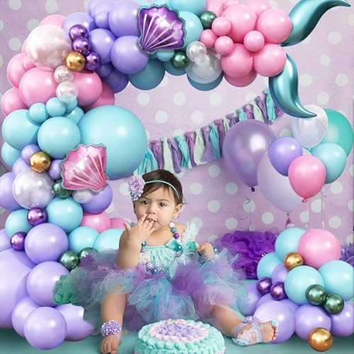 Mermaid Balloon Garland Arch Kit – 113 Pastel Pink, Purple, Teal Blue & Clear Latex Balloons with Mermaid Tail & Shell Foil Balloons for Under the Sea Birthday Party Decorations