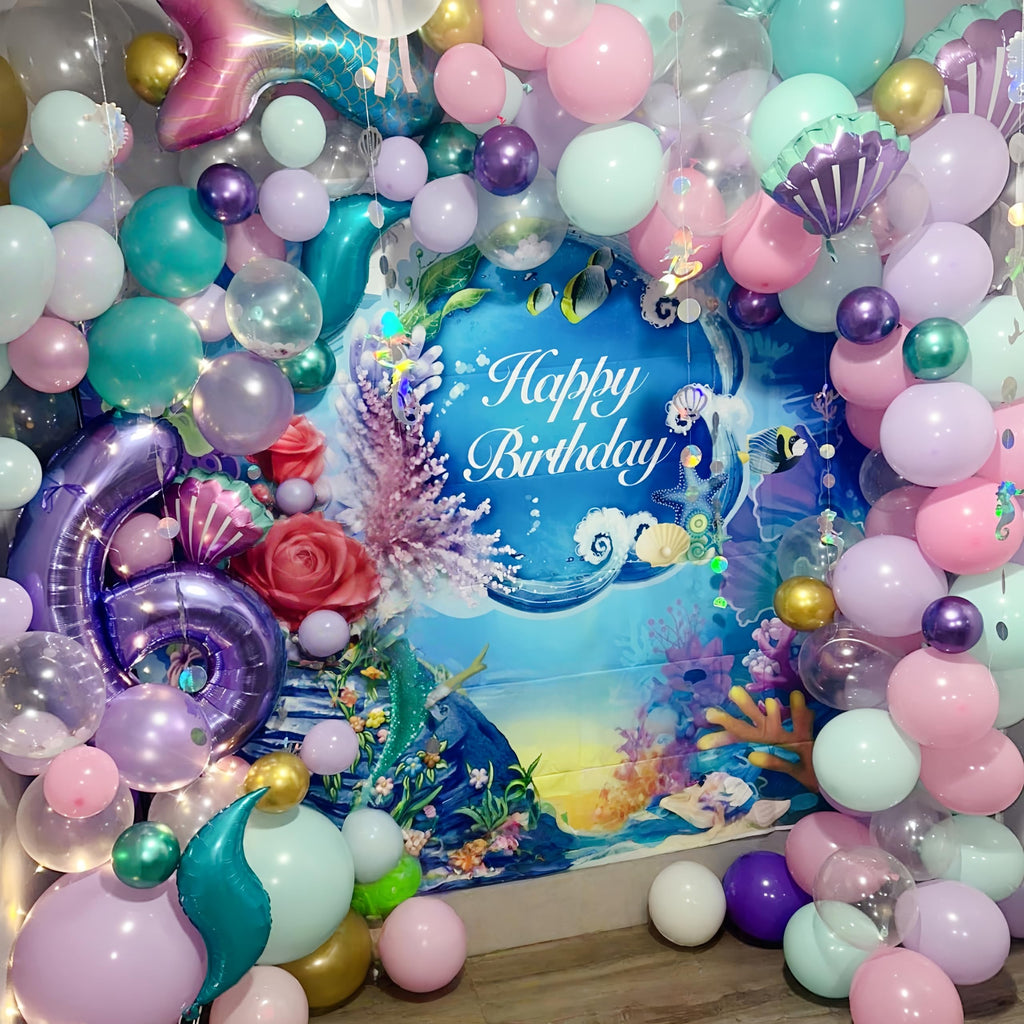 Mermaid Balloon Garland Arch Kit – 113 Pastel Pink, Purple, Teal Blue & Clear Latex Balloons with Mermaid Tail & Shell Foil Balloons for Under the Sea Birthday Party Decorations