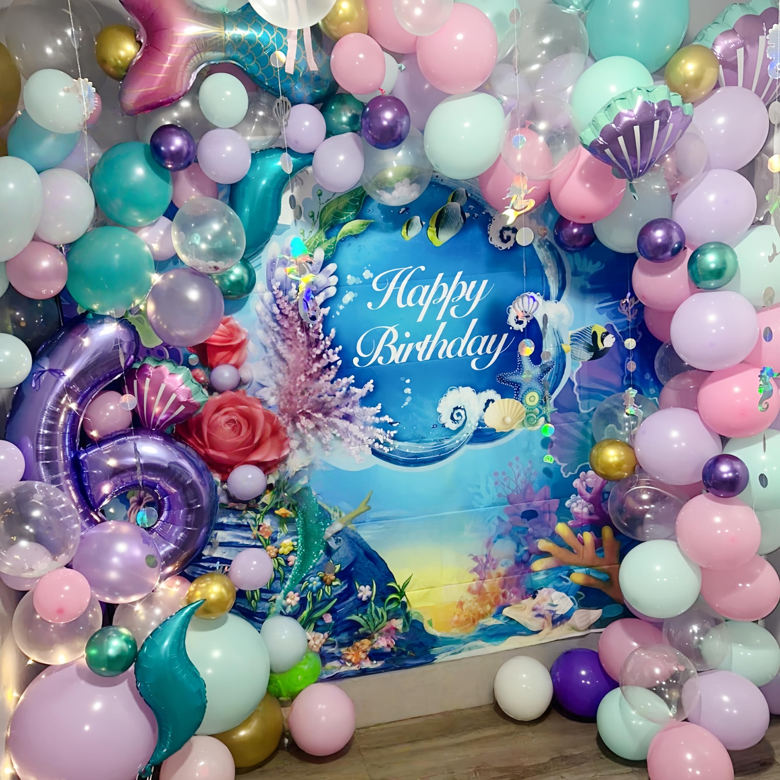 Mermaid Balloon Garland Arch Kit – 113 Pastel Pink, Purple, Teal Blue & Clear Latex Balloons with Mermaid Tail & Shell Foil Balloons for Under the Sea Birthday Party Decorations