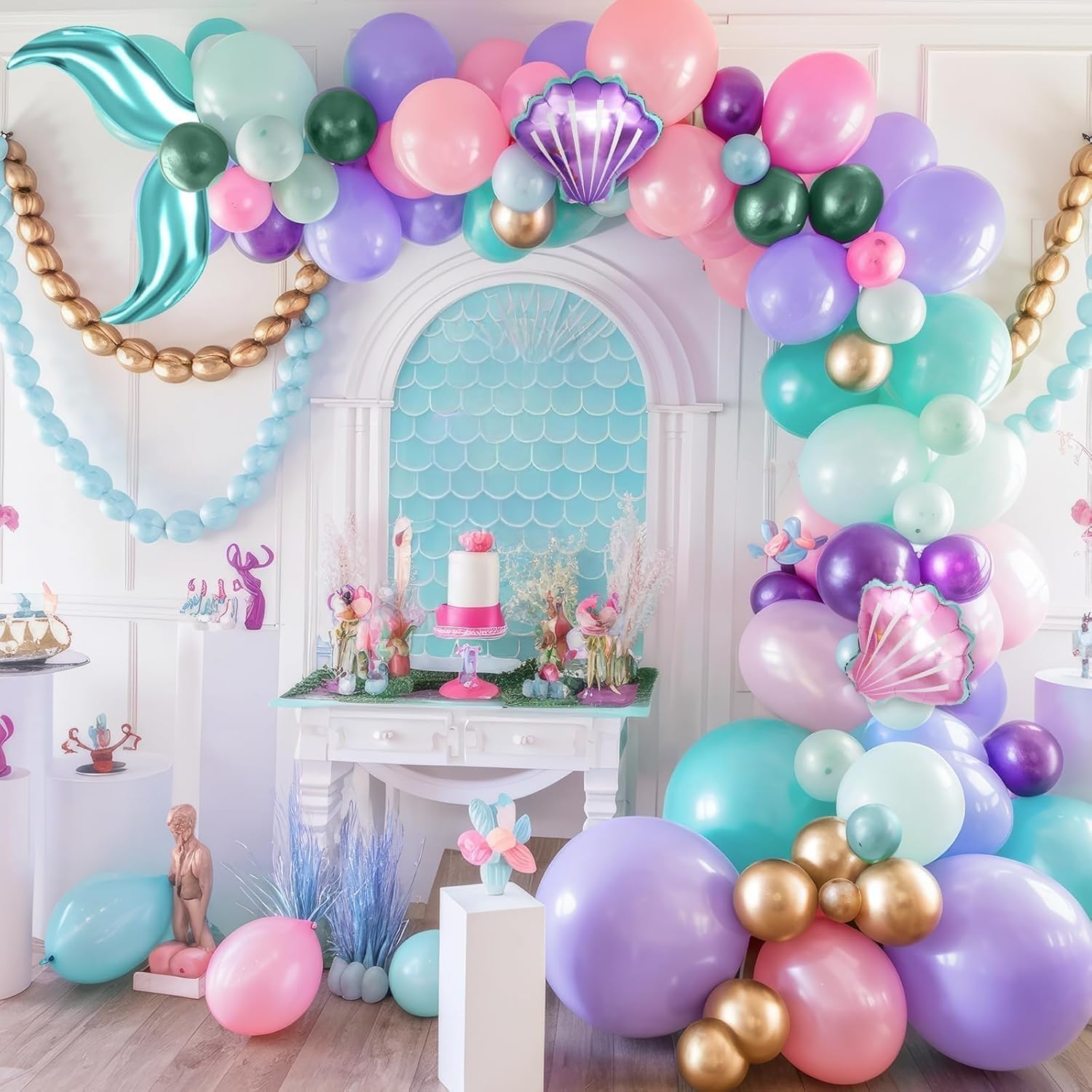 Mermaid Balloon Garland Arch Kit – 113 Pastel Pink, Purple, Teal Blue & Clear Latex Balloons with Mermaid Tail & Shell Foil Balloons for Under the Sea Birthday Party Decorations